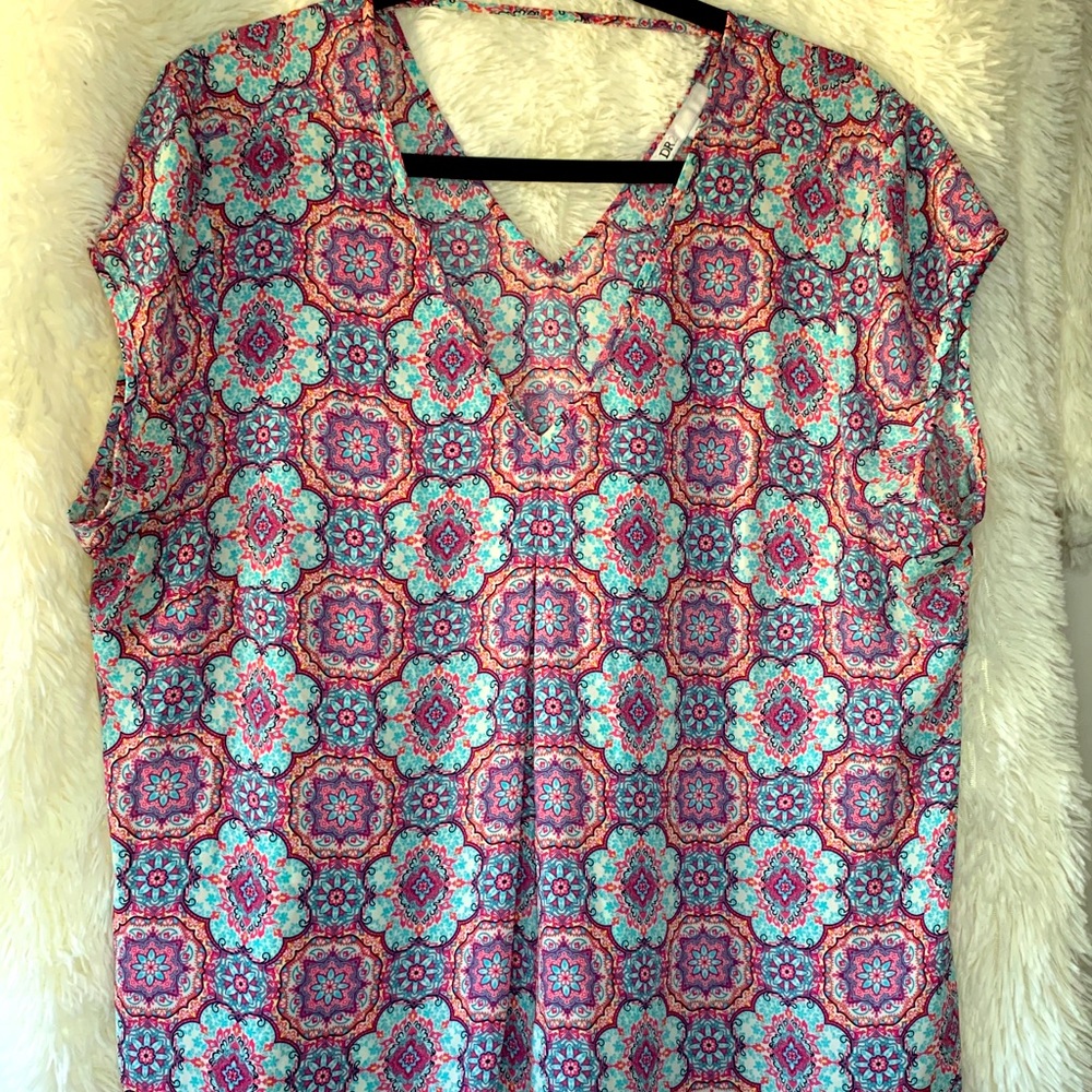 Cap sleeve v-neck, light weight blouse with mint, purple pink pattern